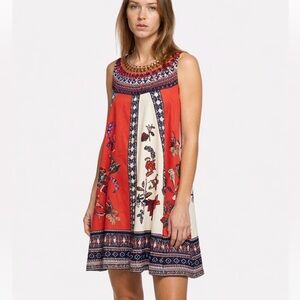 Anthropologie Maeve Cirque Swing Dress SMALL Knee Length Red Floral Cotton Flax